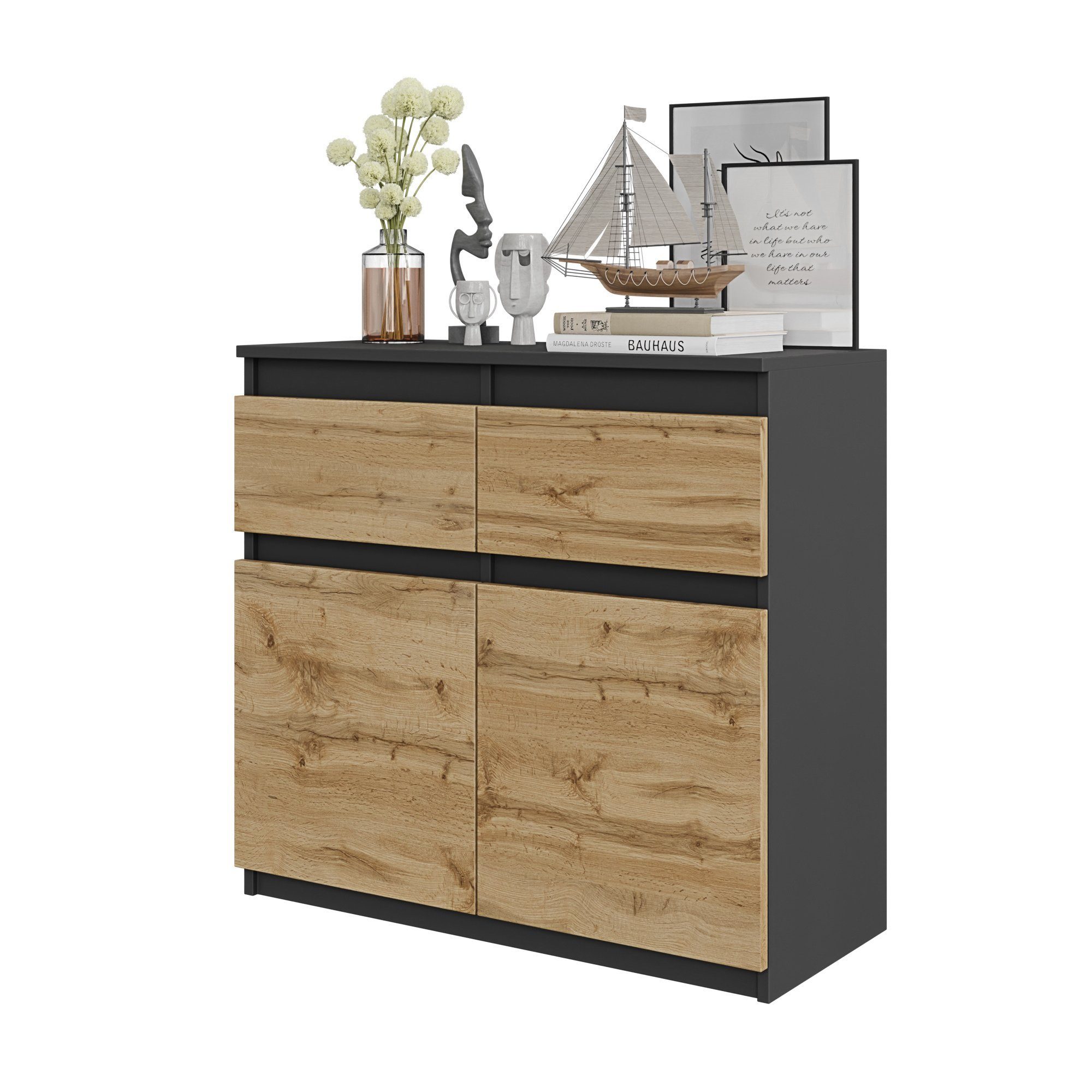 Furnica Kommode NOAH 2 Schubladen und 2 Türen - Anthrazit Grau H75cm B80cm T35cm (1 St)