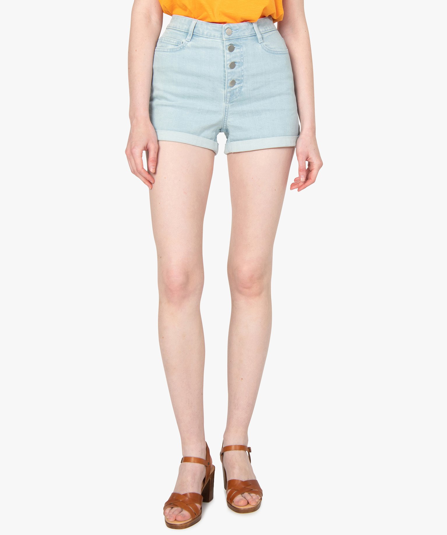 Short en jean femme taille haute avec revers cousus bleach | GEMO