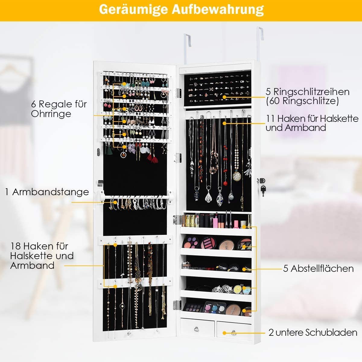 COSTWAY Schmuckschrank abschließbar, hängend Tür und Wandmontage, 15 LED