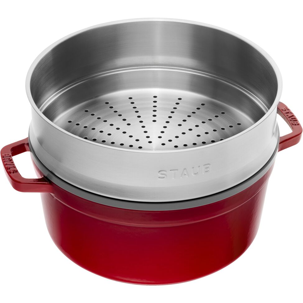 Cocotte mit Dämpfeinsatz 26 cm, rund, Kirsch-Rot, Gusseisen