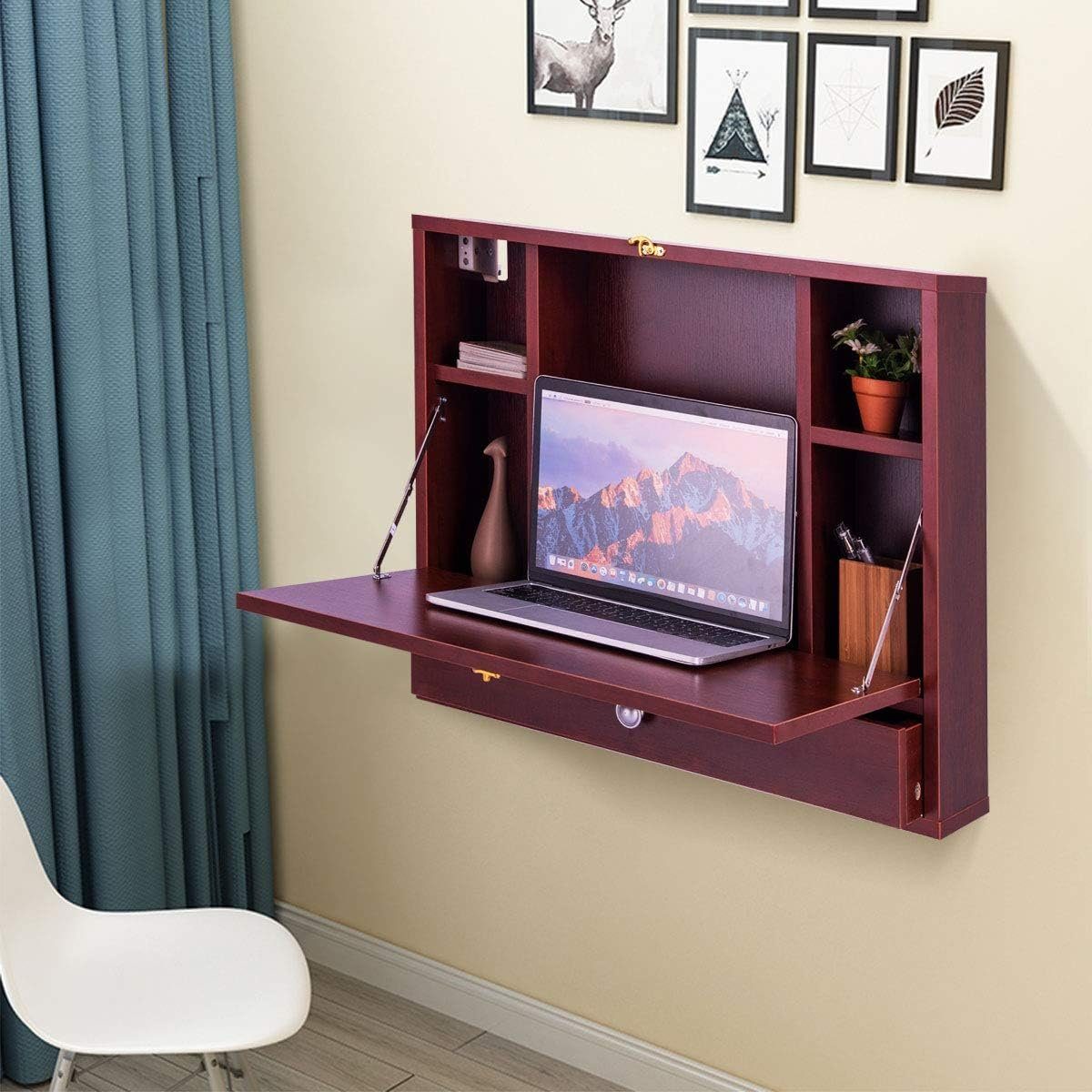KOMFOTTEU Klapptisch Wandklapptisch, Arbeitstisch für PC Computer, aus Holz, mit Ablagefach und Schublade