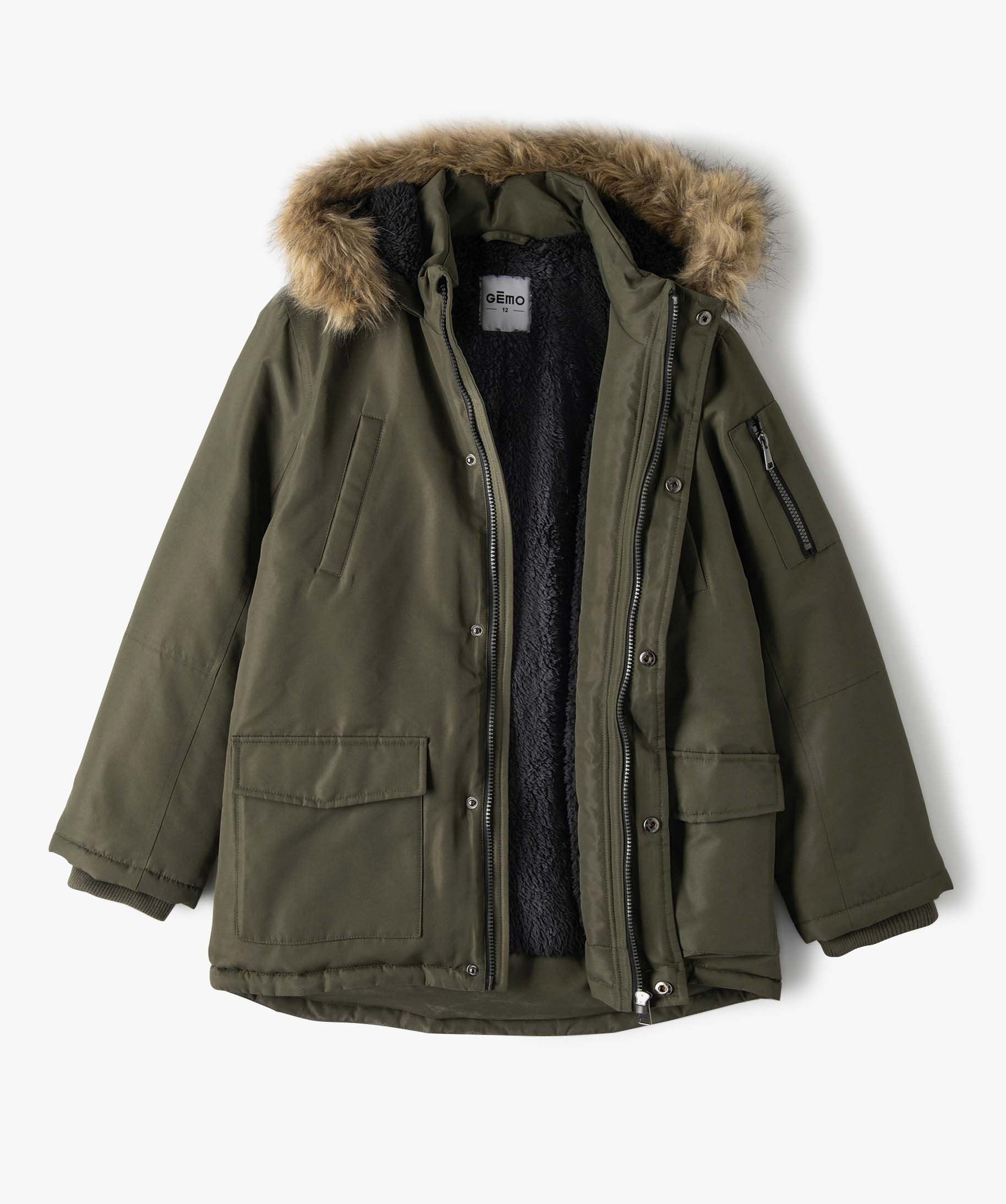Blouson Garçon matelassé avec doublure sherpa et capuche f... kaki | GEMO