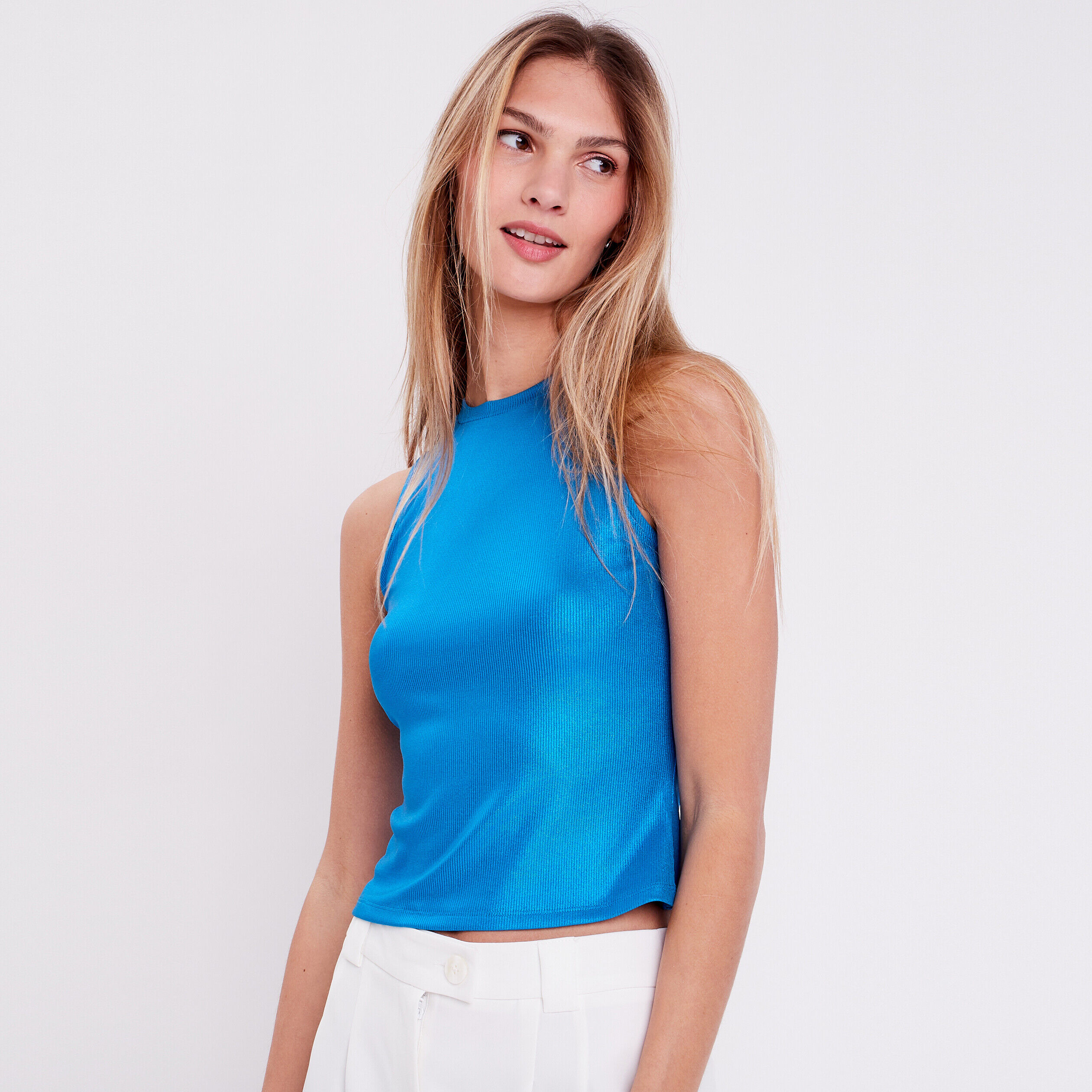 Débardeur cropped côtelé bleu femme | Cache Cache