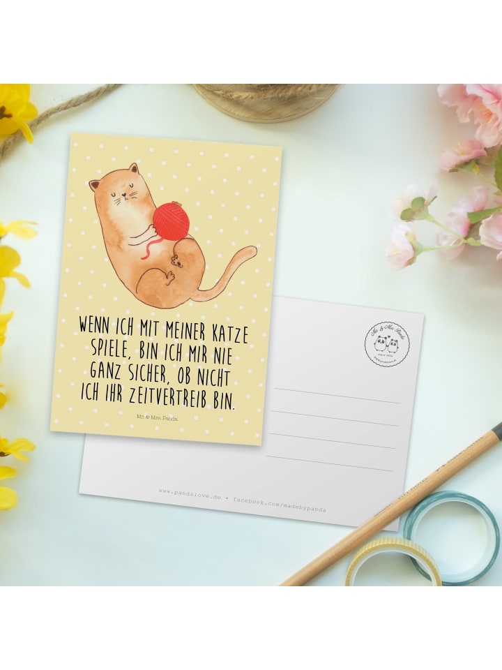 Mr. & Mrs. Panda Postkarte Katze Wolle mit Spruch in Gelb Pastell günstig kaufen onesize