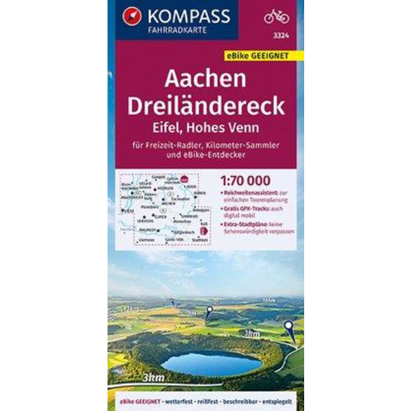 KOMPASS Fahrradkarte Aachen, Dreiländereck, Eifel, Hohes Venn 1:70.000, FK 3324 - Fahrradkarte