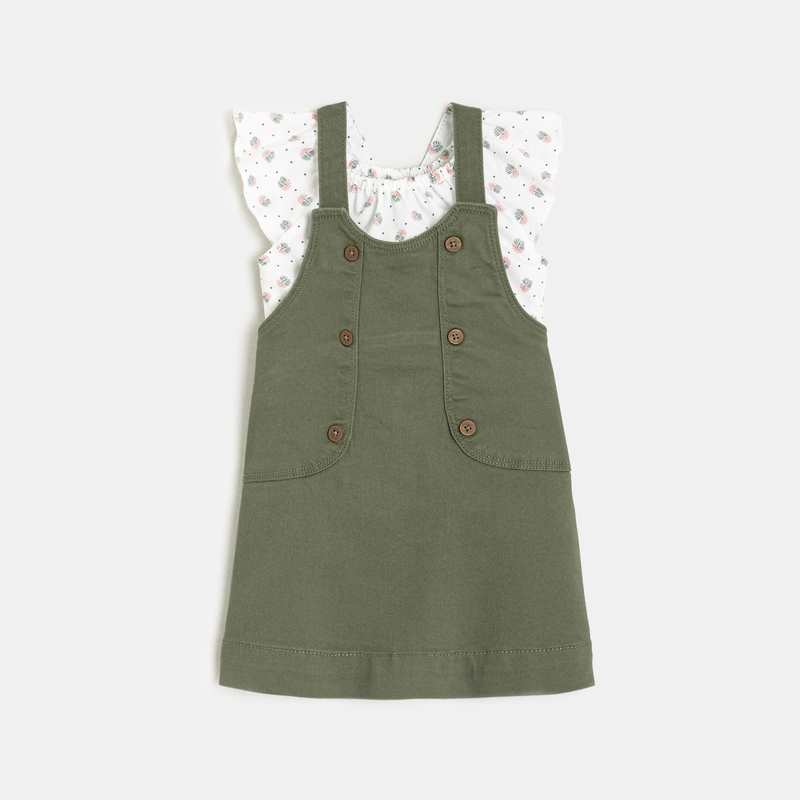 Robe salopette et blouse à motifs verte bébé fille