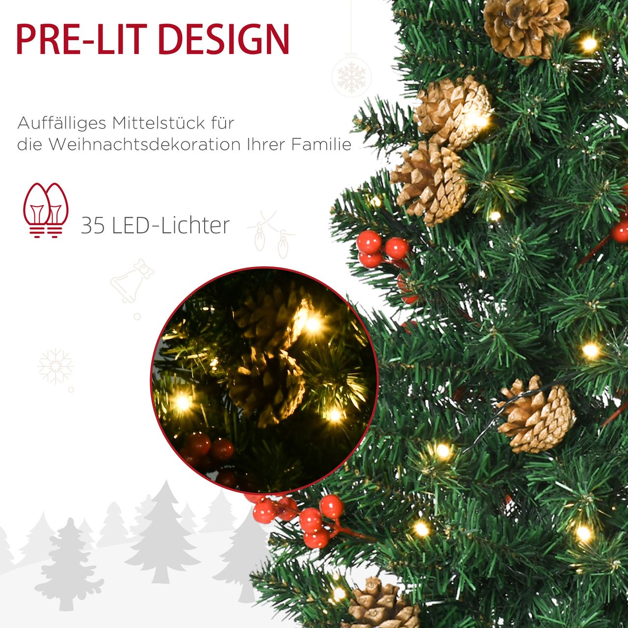 HOMCOM 4-teiliges Set Weihnachtsschmuck Haustür Deko Weihnachtsdekoration-Set mit LED-Beleuchtung inkl. 2 Weihnachtsbäume, 1 Weihnachtskranz, 1 Weihnachtsgirlande