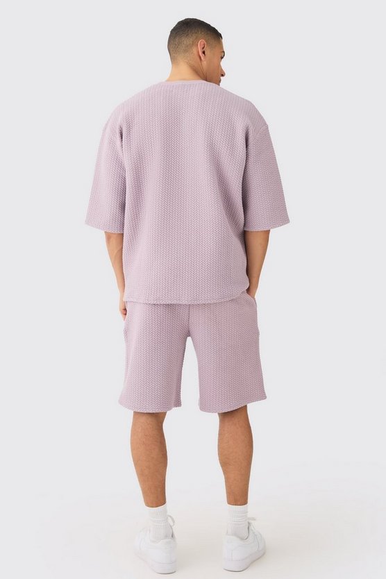 Oversize gestepptes T-Shirt & Shorts mit Fischgräten-Print