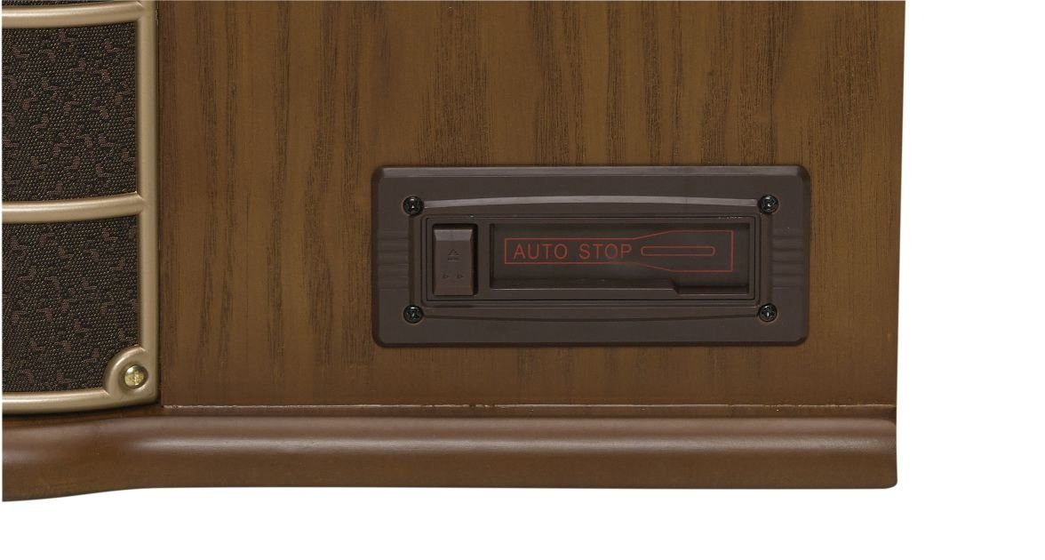 Denver MCR-50MK2 Retro Plattenspieler aus Holz mit Radio Kassette Soundbox Radioplattenspieler (Riemenantrieb, CD Player mit MP3 Wiedergabe, USB für MP3 Wiedergabe und Aufnahme, Kassettendeck auf der Seite des Geräts, AM/FM Radio mit Antenne, LCD Dis