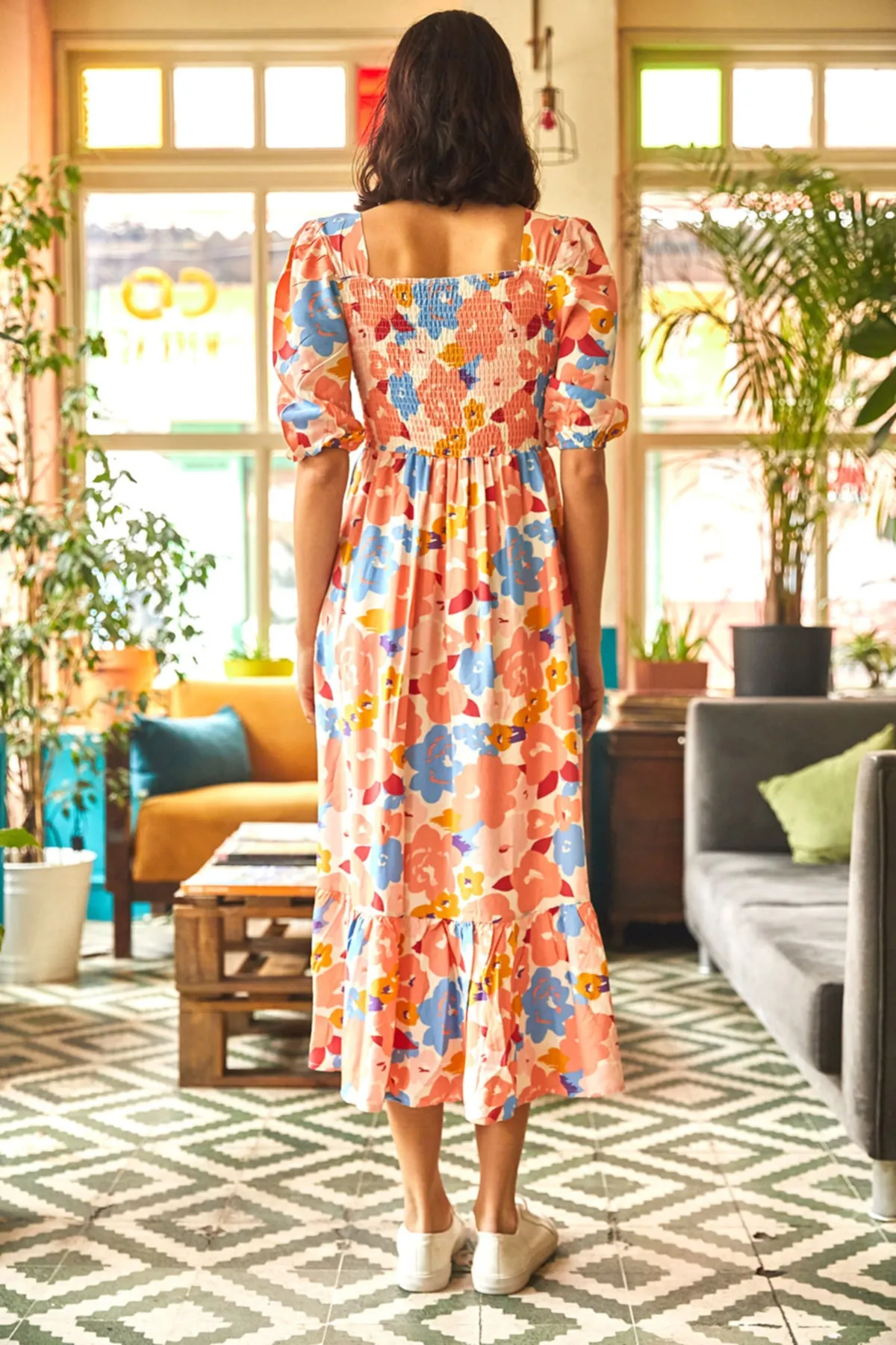 Olalook  Ecru Lachs Gimped Lässiges Kleid aus gewebter Viskose für Damen ELB-19001483