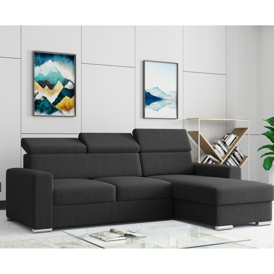 Möbel Punkt Ecksofa TOKIO Webstoff Anthrazit Schwarz mit Bett und Bettkasten Sofa Schlafsofa Wohnlandschaft Polstergarnitur