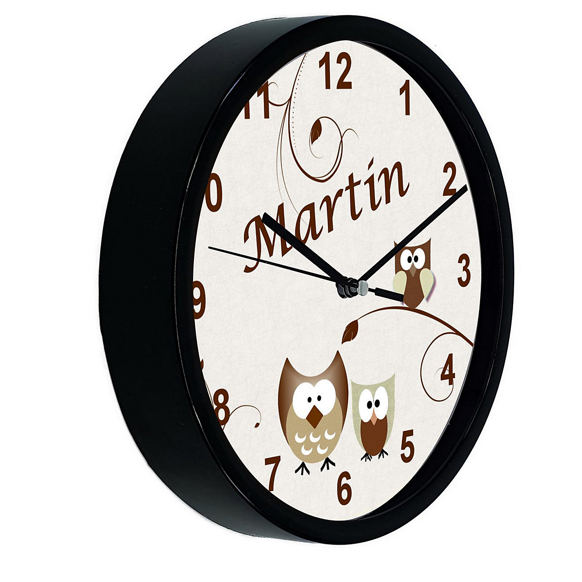 Kinder Wanduhr personalisiert mit Name Eule Beige