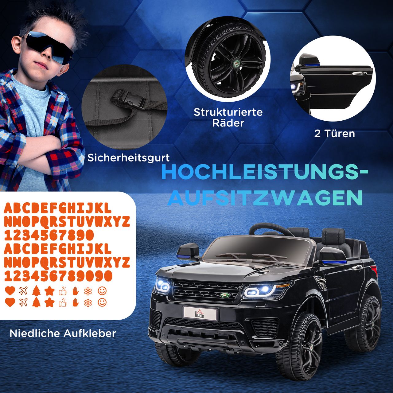 HOMCOM Kinder Elektroauto, SUV mit Fernbedienung, Musik, bis 5 km/h, Schwarz