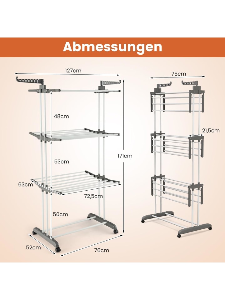 COSTWAY Wäscheständer mit Rollen in Grau günstig kaufen 170 cm