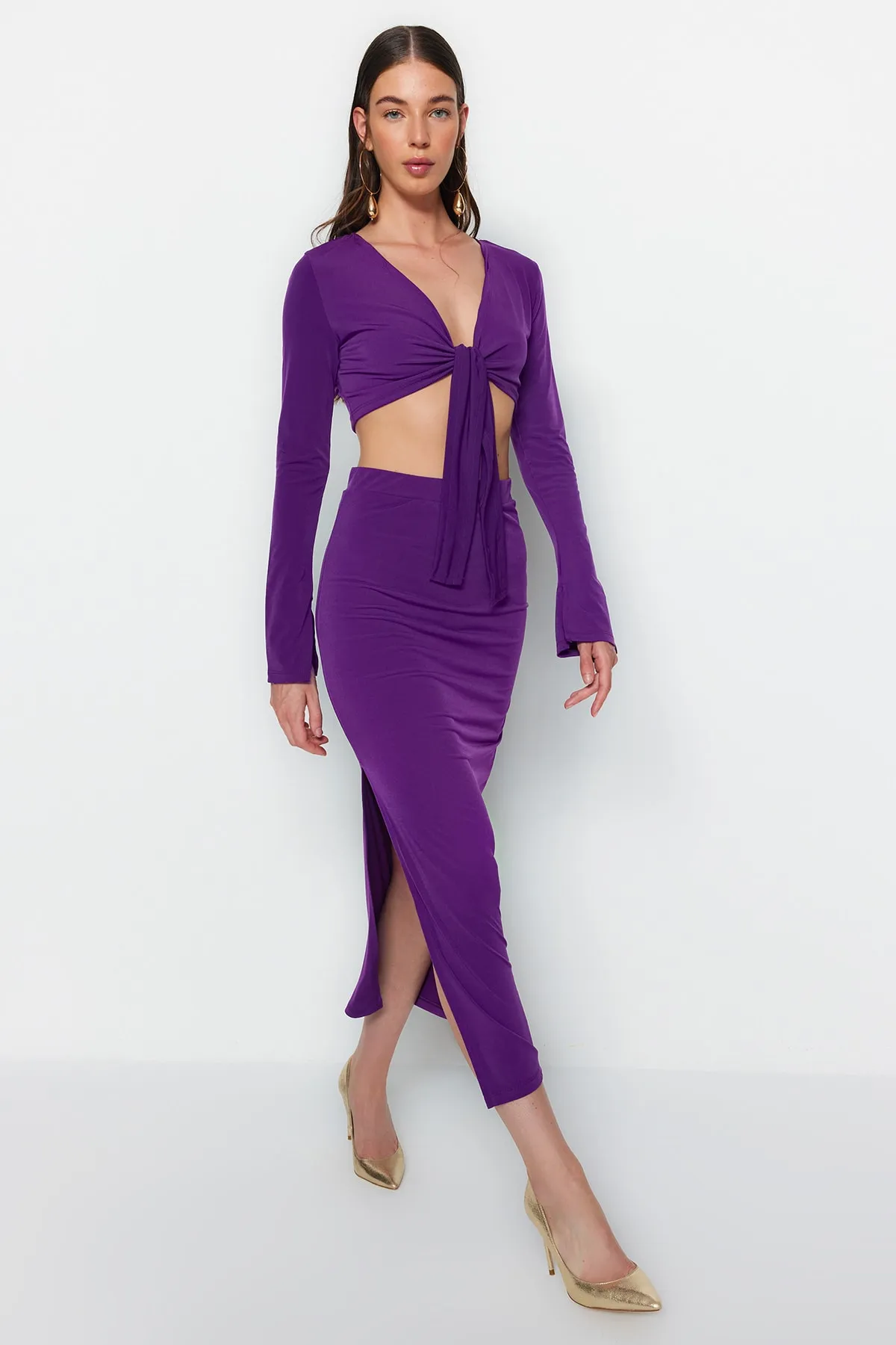 Trendyol Collection  Lila Super Crop und Midi Flexible Strickoberteil und -unterteil Set TWOAW24AU00070