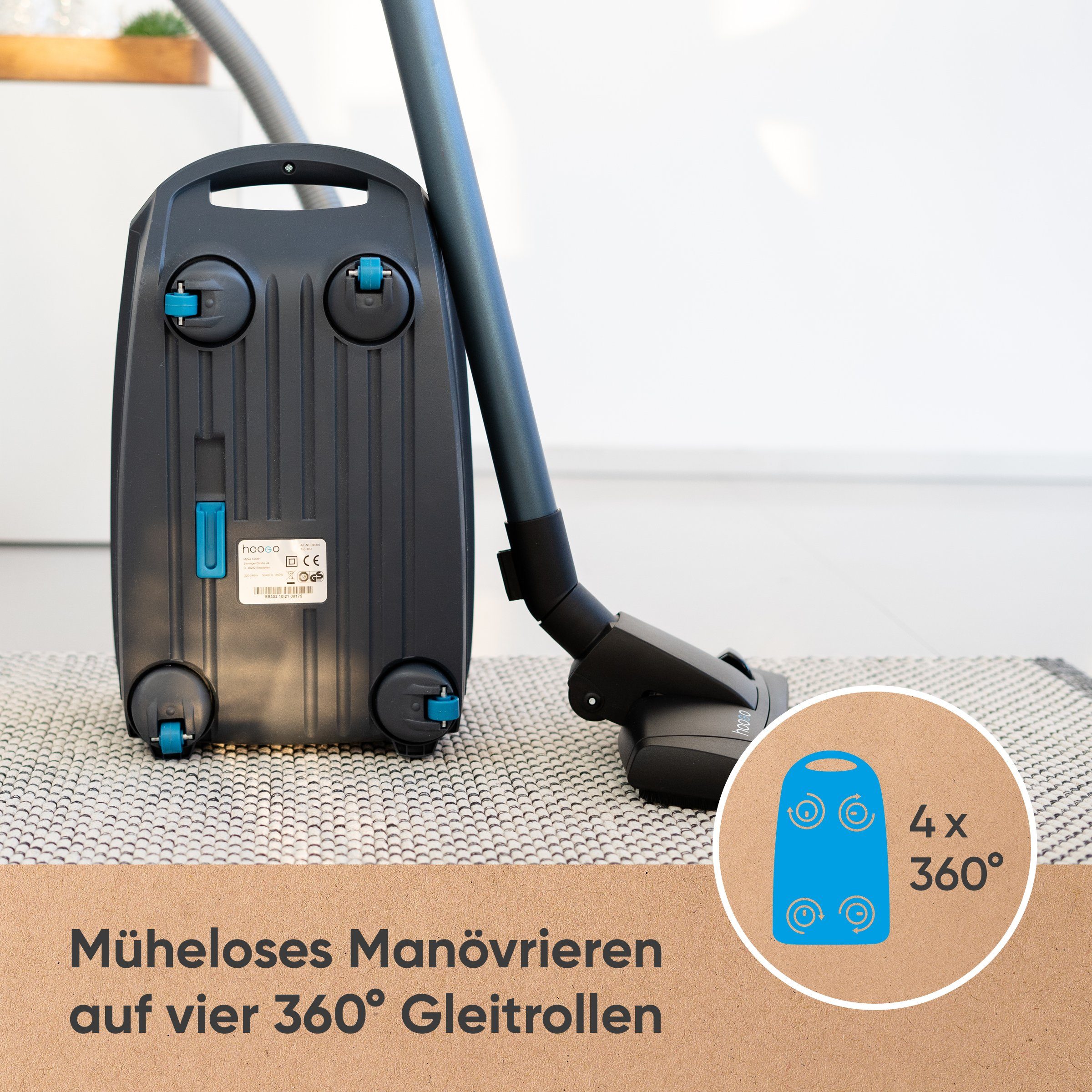 hoogo Bodenstaubsauger B3+ flipflop mit High-End Leichtlaufdüse und flipflop-Düse, 850,00 W, mit Beutel, HEPA-14-Filter, ideal für Allergiker, saugt Milben und Pollen