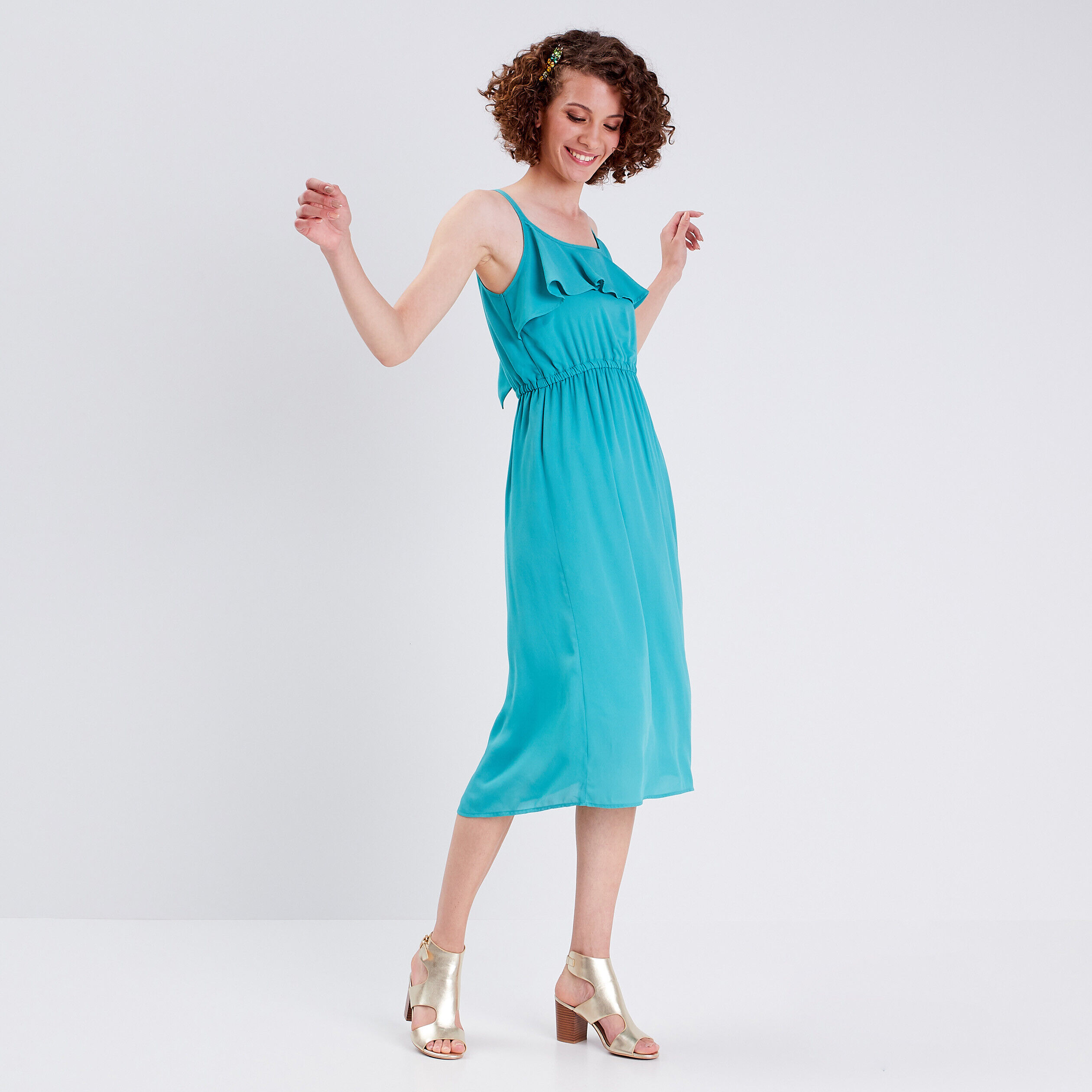 Robe longue évasée bleu turquoise femme | Cache Cache