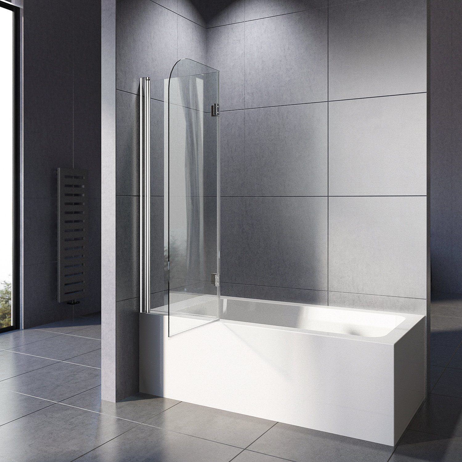 Boromal Badewannenaufsatz Duschwand für Badewanne Glas 2-teilig 100x140 Schwarz / Chrom Glaswand, (Klarglas /Teilsatiniert glas), Badewannenfaltwand Glaswand 6mm ESG Glas