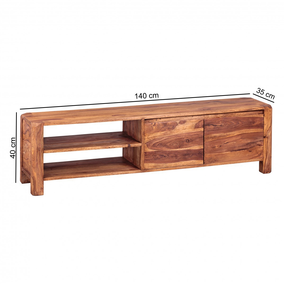 Wohnling Lowboard Massivholz Sheesham Kommode 140 cm TV-Board Ablage-Fächer Landhaus-Stil Unterschrank 40 cm TV-Möbel