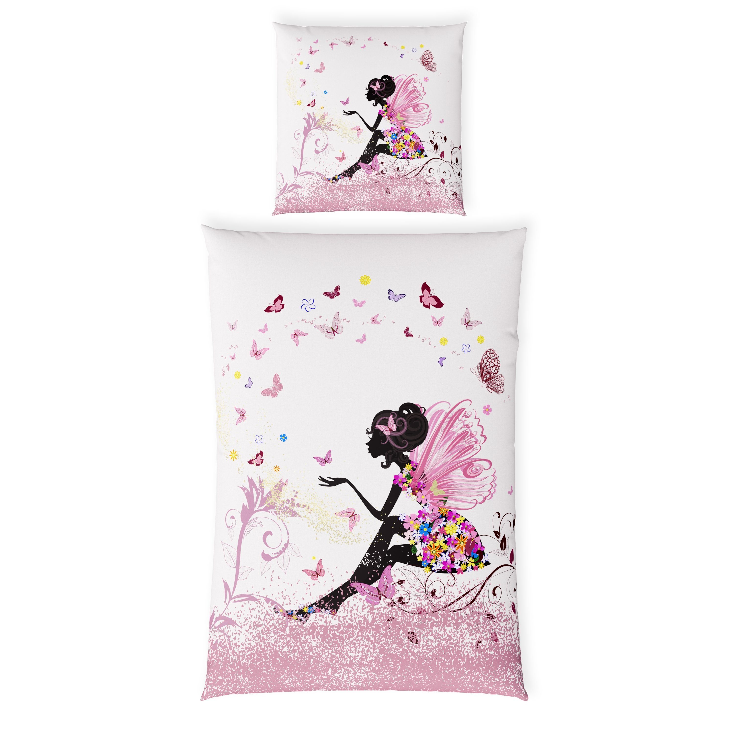 Kinderbettwäsche Leuchtende Bettwäsche 135x200 Rosa Bettbezug Mädchen Fee + 10 SPIELE, Carpe Sonno, Baumwolle, 2 teilig, GLOW IN THE DARK Elfe Kinder Bettwäsche Schmetterling