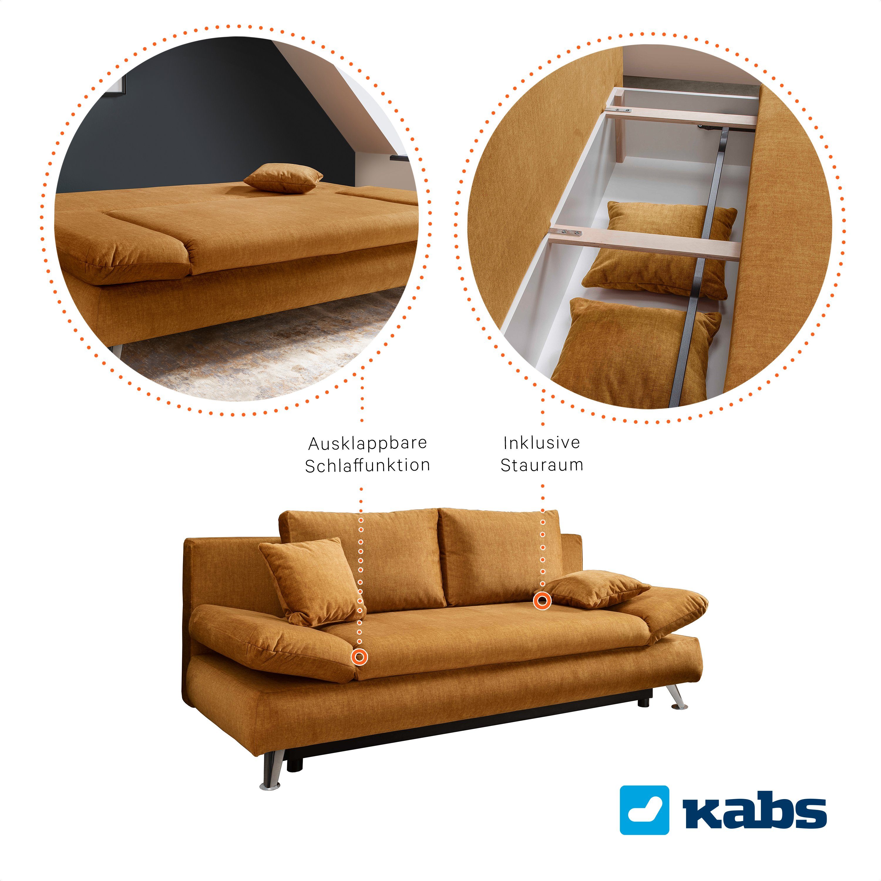 Kabs Polsterwelt Schlafsofa Burt, Bettkasten, Schlaffunktion, Stauraum, Zierkissen, Made in Europe