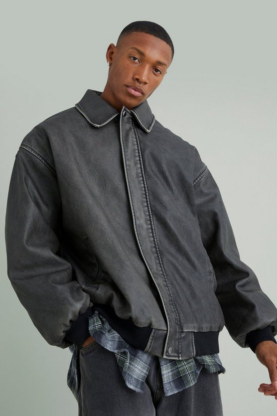 Zerrissene Oversize PU-Bomberjacke mit Einsätzen