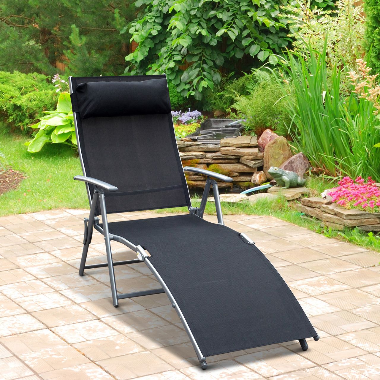 Outsunny Sonnenliege Liegestuhl Gartenliege 7 Positionen verstellbar Schwarz