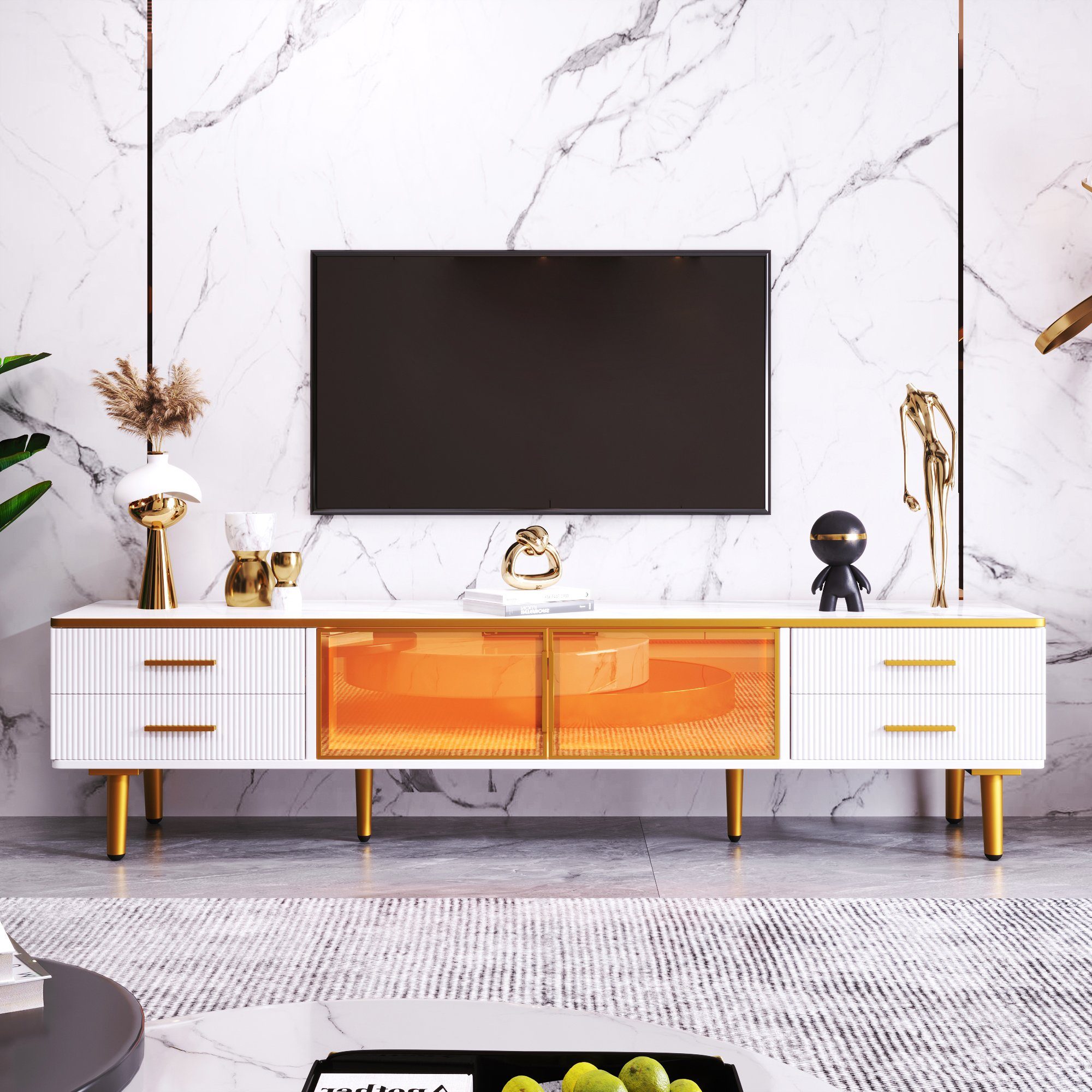HAUSS SPLOE TV-Schrank TV-Lowboards TV Schrank Fernsehschrank TV-Tisch (Fernsehschrank TV-Lowboard Sideboard Beistellschrank modern, mit 4 Strukturierte Schubladen 4 Füßen) mit Goldenen Griffen und zwei Braune Türen aus Gehärtetem Glas