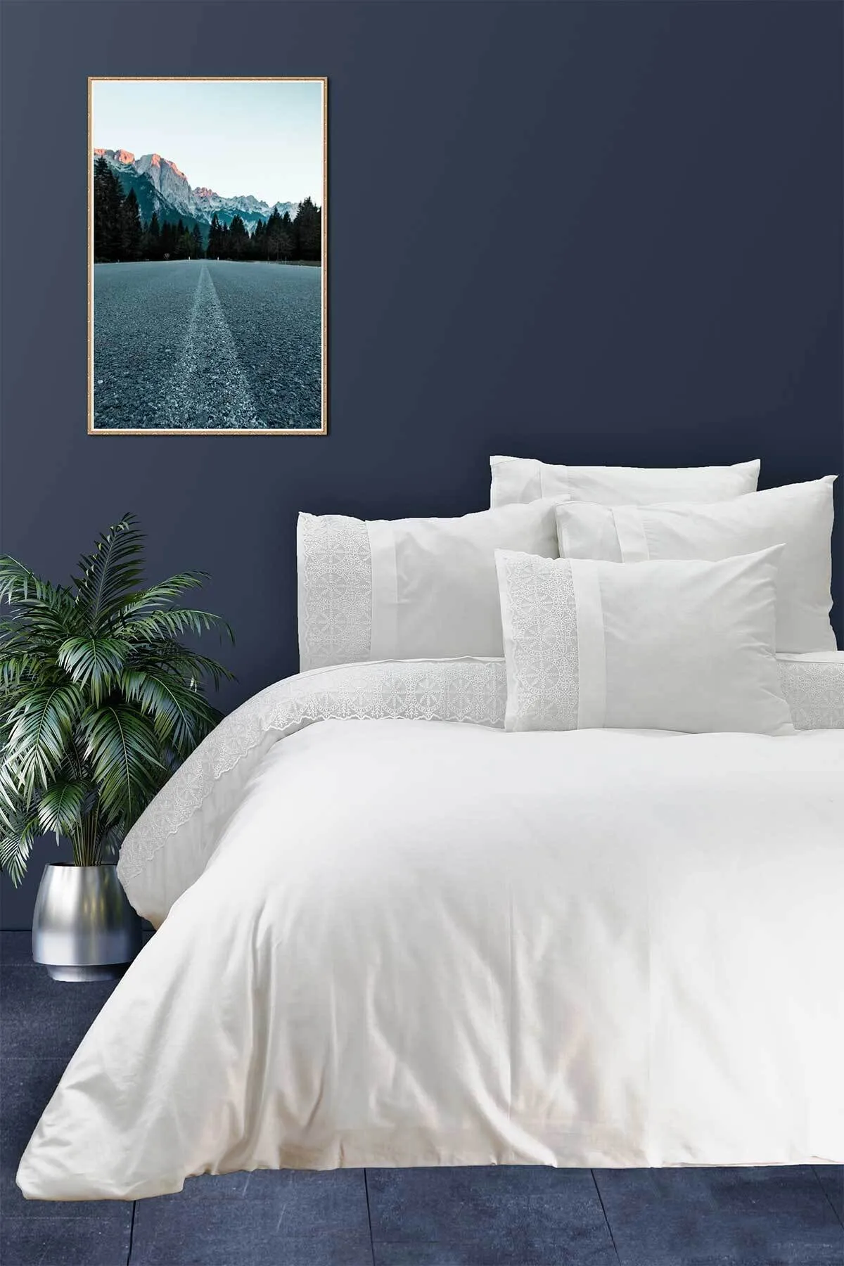 Elart  Cremefarbenes, mit Guipure-Stickerei besticktes Doppelbett-Bettbezug-Set