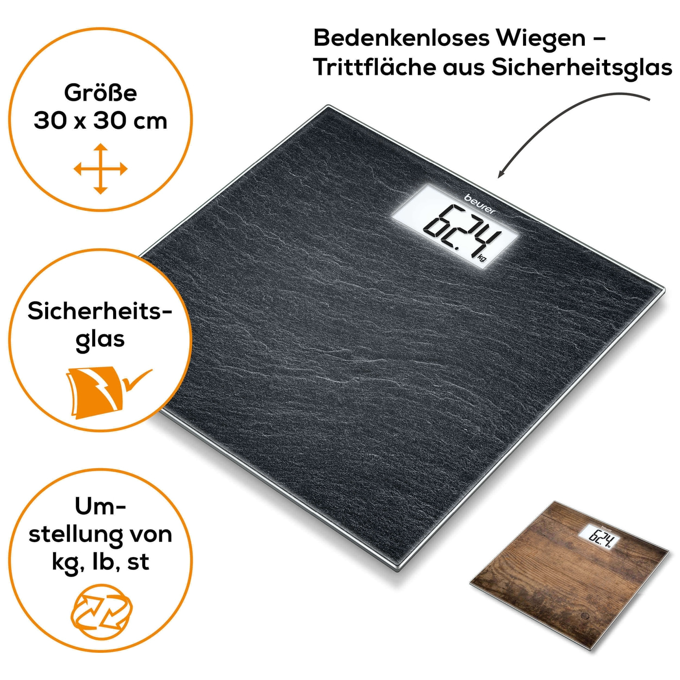 Beurer Glaswaage GS 203 Wood-Personenwaage aus Glas mit beleuchtetem XL-Display - bis 150 kg