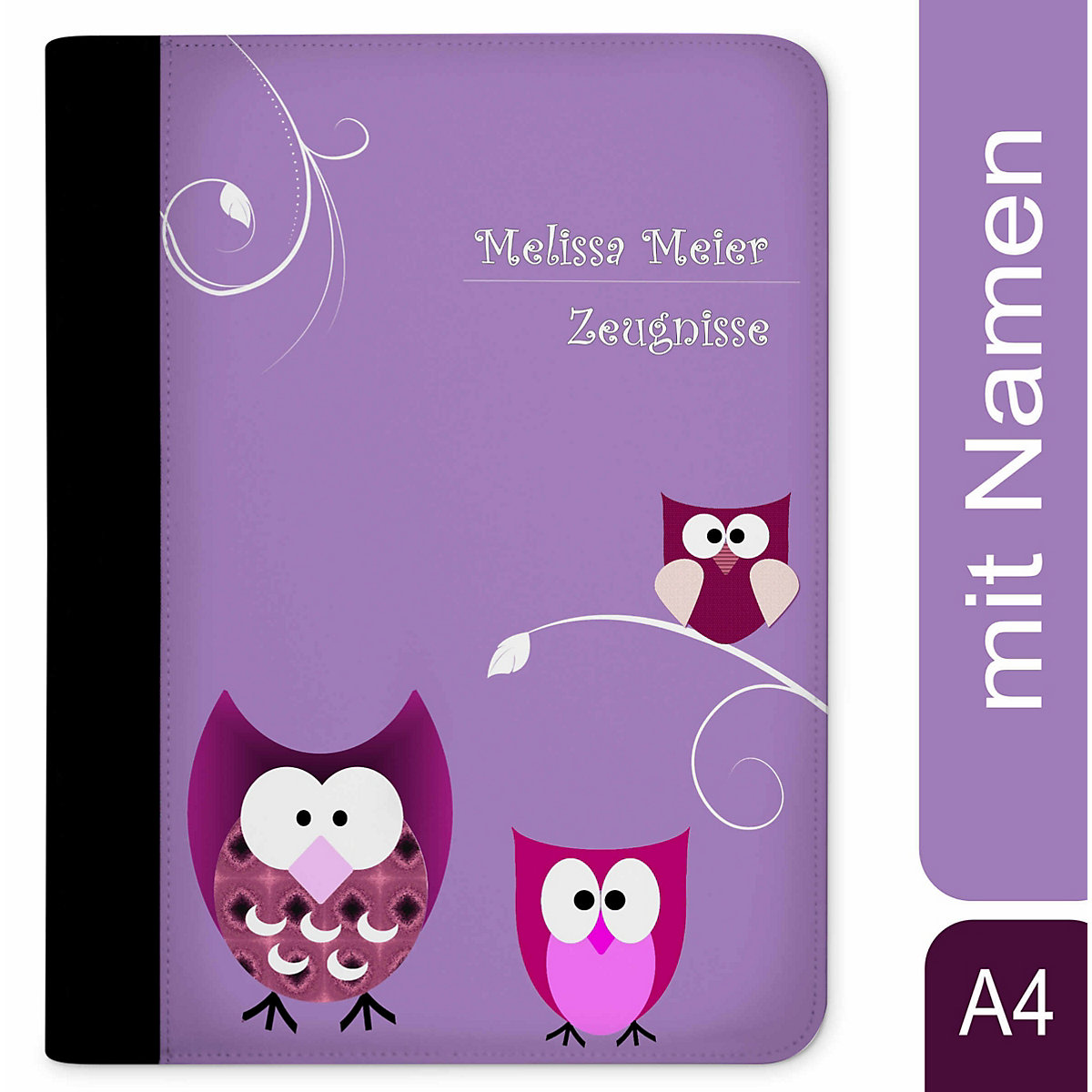 Zeugnismappe / Dokumentemappe mit Name personalisiert Eule Lila