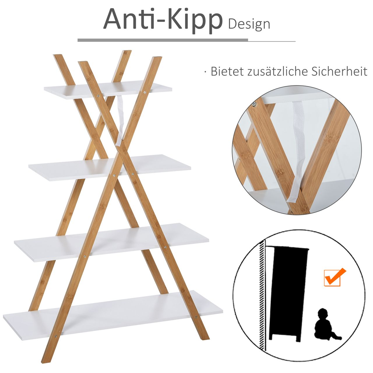 HOMCOM kleankin Badregal, 4 Ebenen Treppenregal, Leiterregal, Badezimmer, Bambus, Natur Weiß, 80 x 33 x 109 cm