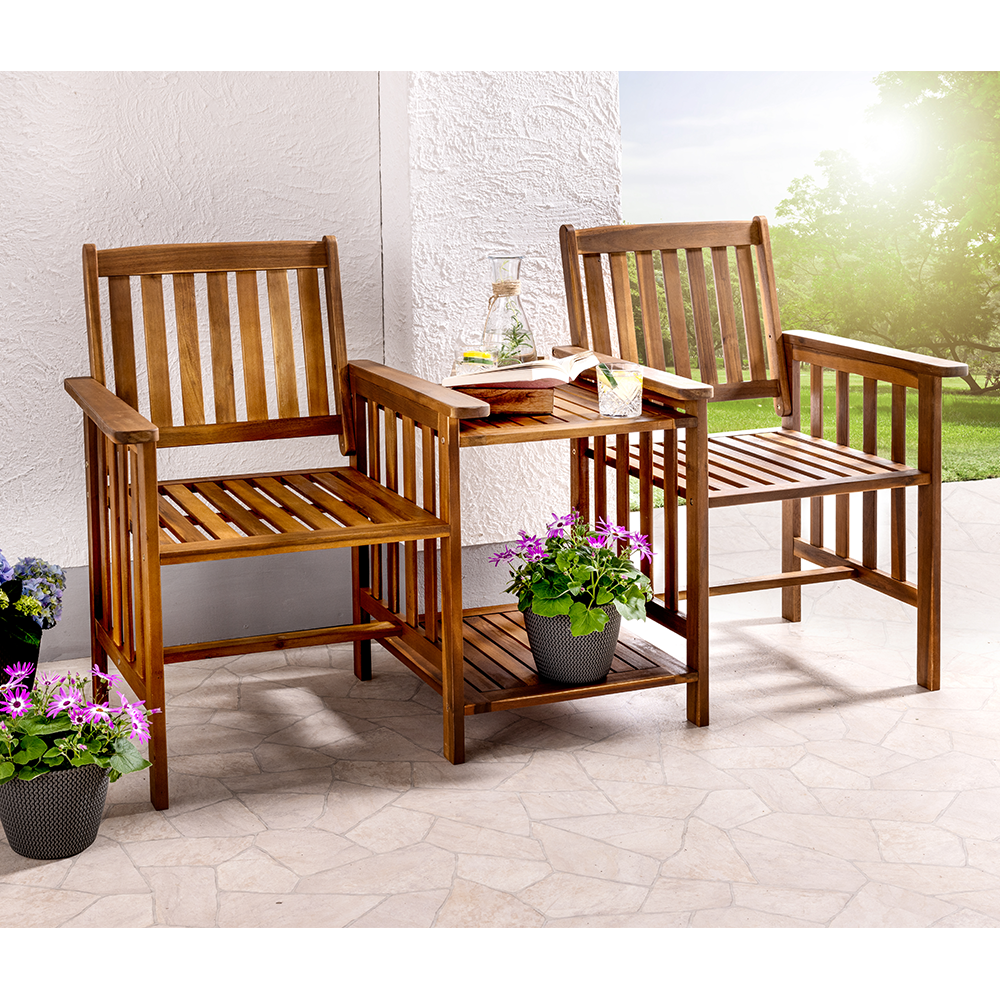 HC Garten & Freizeit Gartenbank 2-Sitzer Sitzbank Bank mit Beistelltisch Tischablage aus Akazienholz