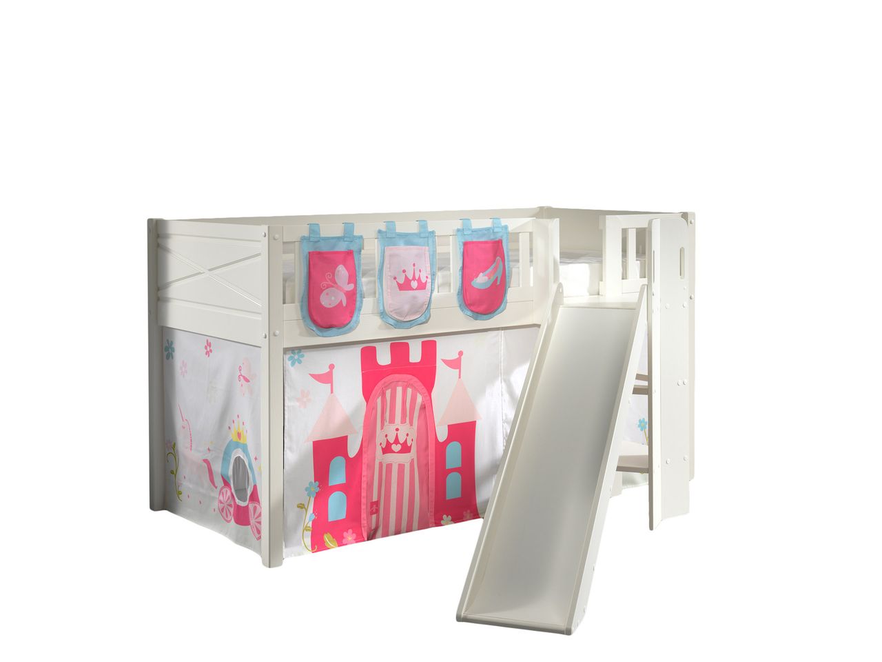 VIPACK Spielbett SCOTT, LF 90 x 200 cm, mit Rolllattenrost, Rutsche, Leiter und Textilset Vorhang und 3 Taschen 