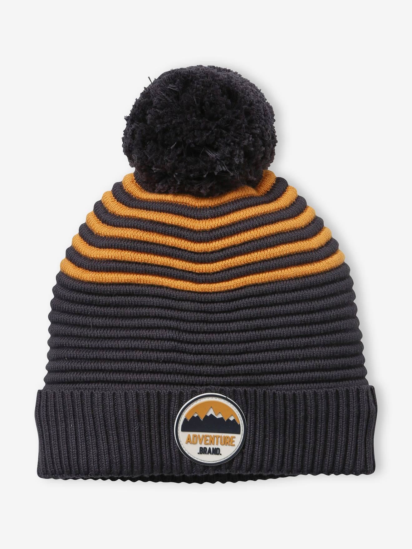 Bonnet garçon rayé en maille bleu
