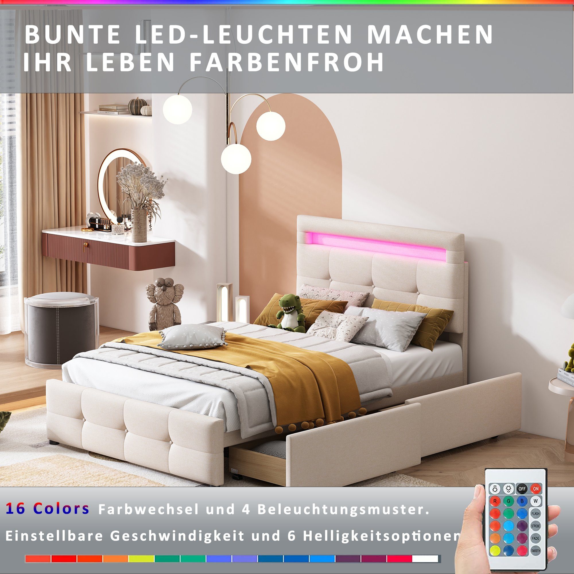 Flieks Polsterbett, LED Beleuchtung Einzelbett 2 Schubladen Leinen 90*200cm