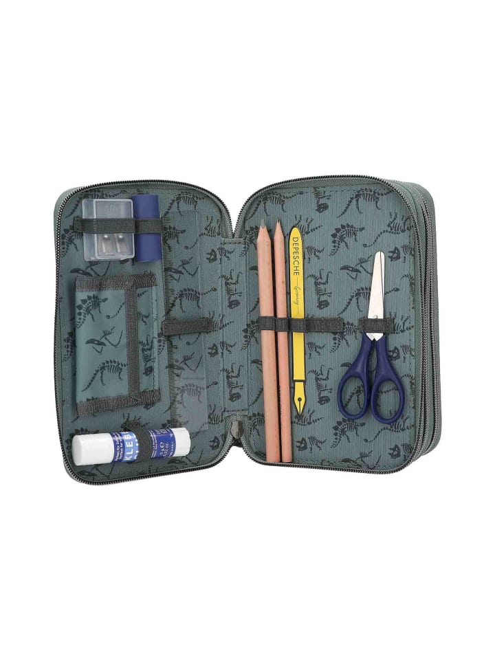 Depesche 3-Fach Federtasche BITE inkl. Stifte Dino World 20 x 13 x 7,5 cm in grau-grün günstig kaufen onesize