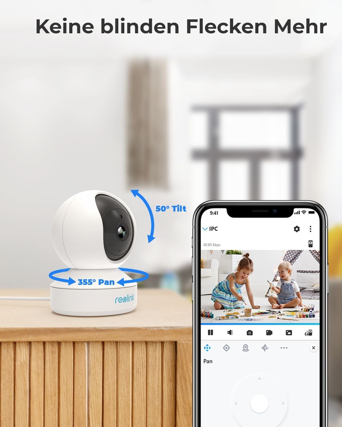 Reolink E1 3MP WLAN IP Überwachungskamera (Indoor, Packung, 1-tlg., 355° Schwenk & 50° Neigung, Pan-Tilt, 2,4-GHz-WLAN, Bewegungserkennung, Bidirektionales Audio)