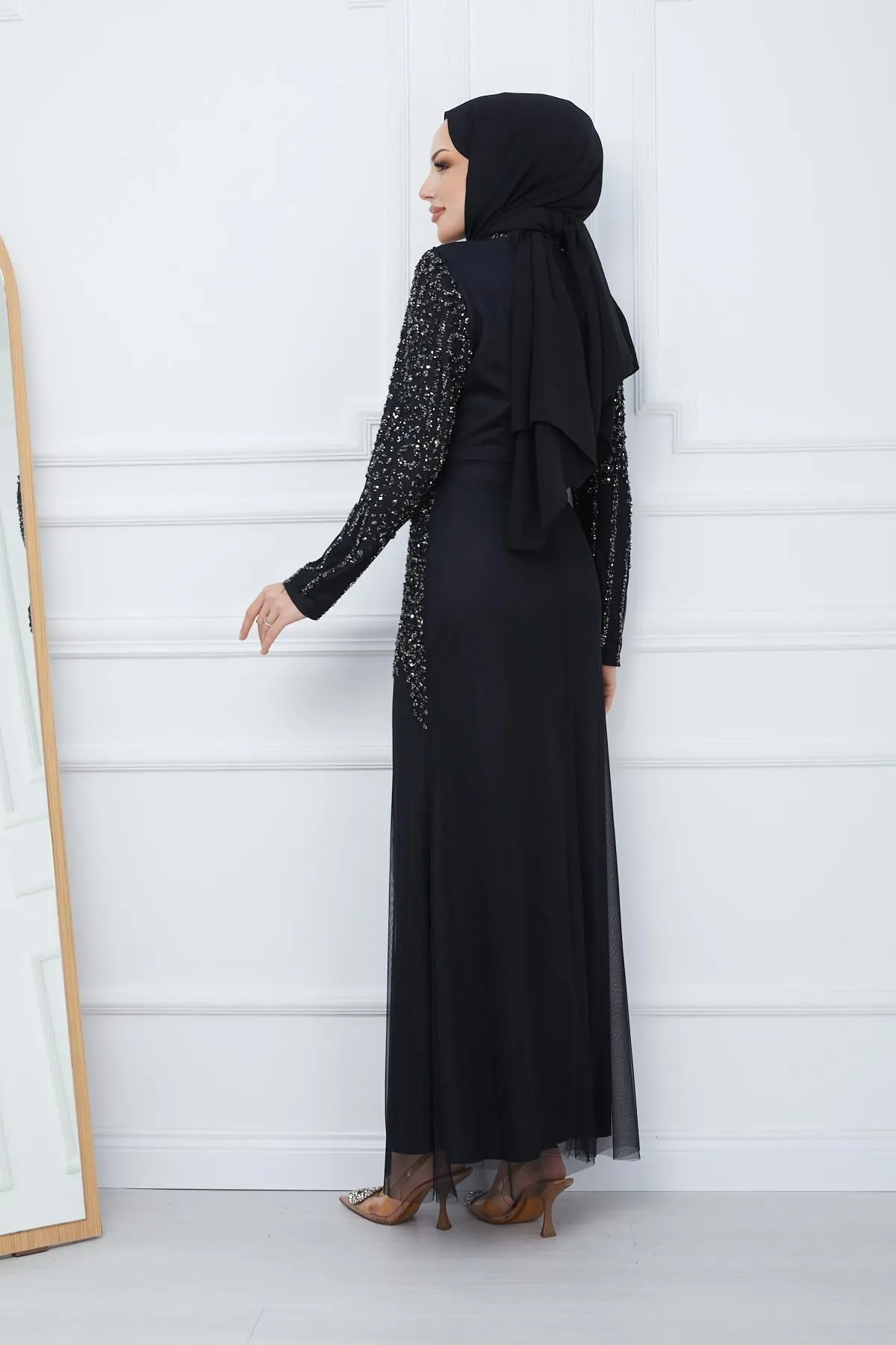 Olcay  Mit Perlen und Juwelen besetztes Tüll-Hijab-Abendkleid SCHWARZ 1663