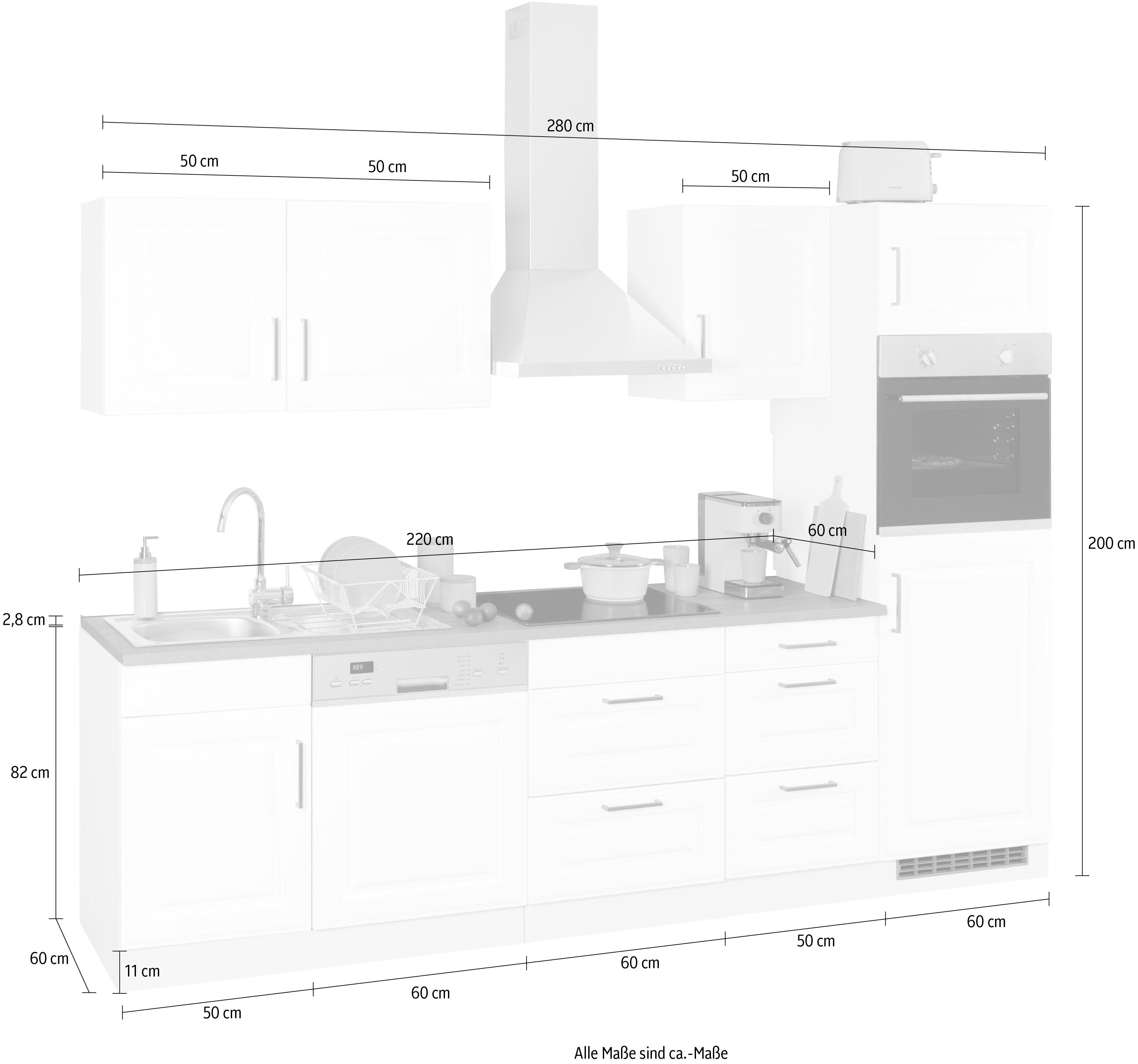 HELD MÖBEL Küchenzeile Stockholm, Breite 280 cm, mit hochwertigen MDF Fronten im Landhaus-Stil