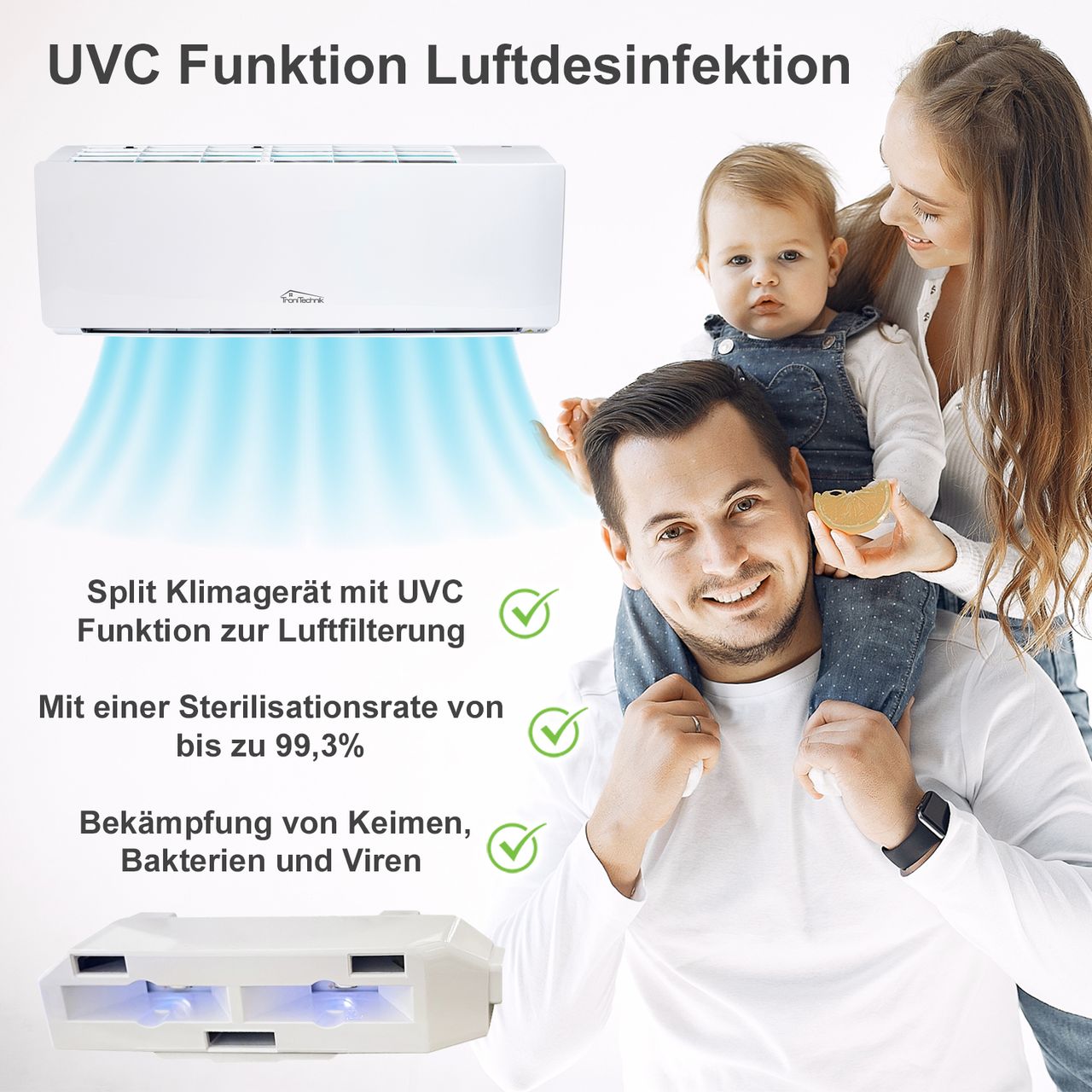 TroniTechnik Reykir Split Klimagerät Klimaanlage mit 9000 BTU, inkl. Zubehör und UV-C Reinigung