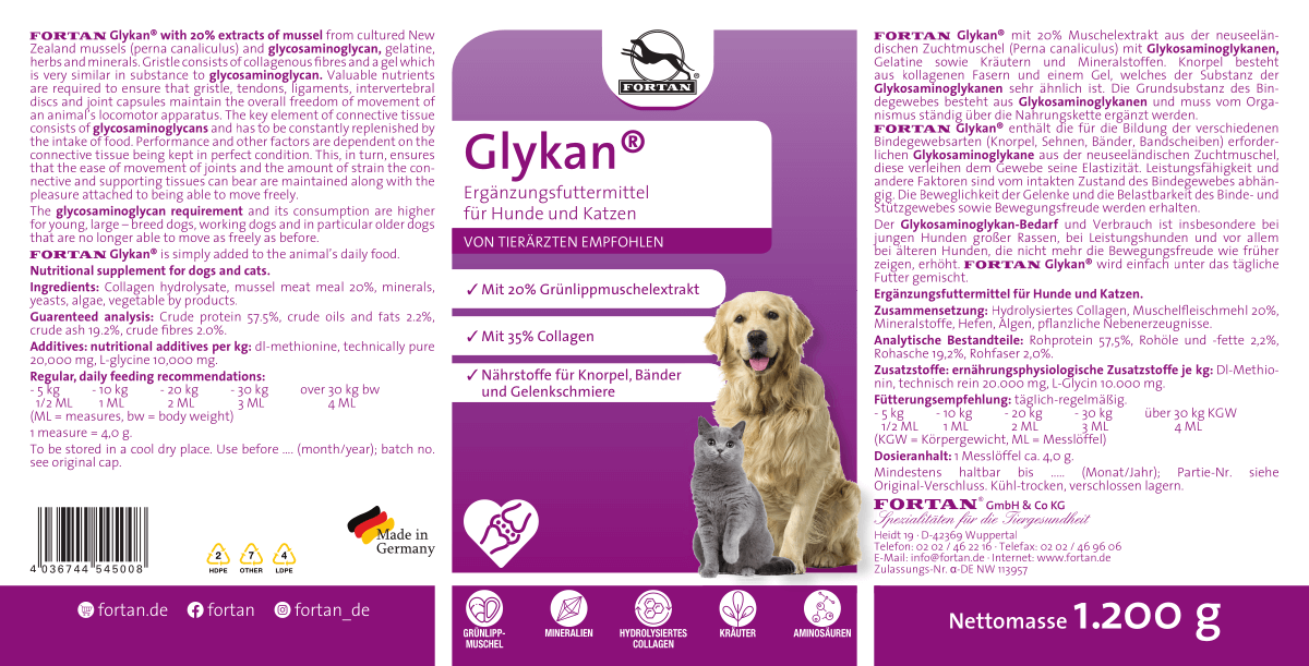 Fortan Ergänzungsfutter & Aufzucht Fortan Glykan Pulver mit Grünlippmuschel 1,2 kg