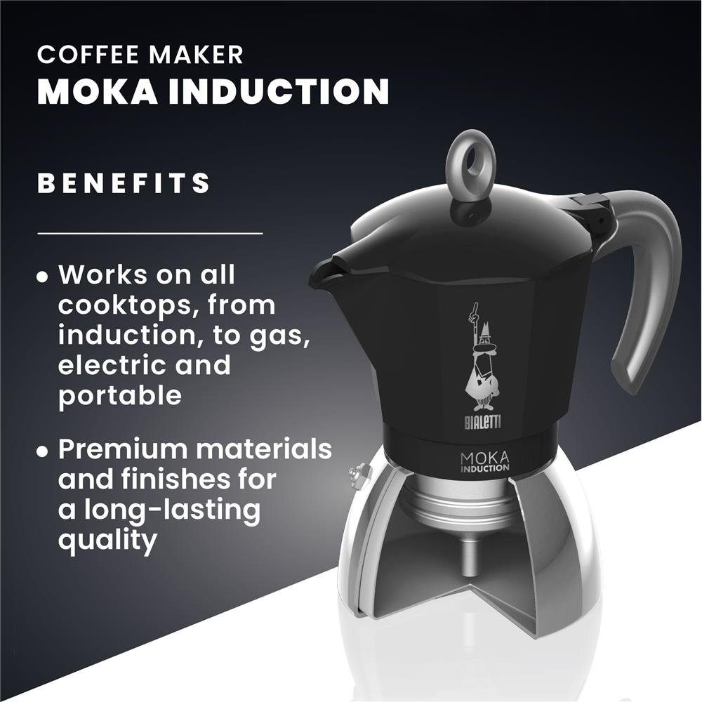 BIALETTI Espressokocher New Moka 6 Tassen, 0,28l Kaffeekanne, Alu/Stahl Induktions-/Gas-/Elektroherd Campingkocher Silber/Schwarz