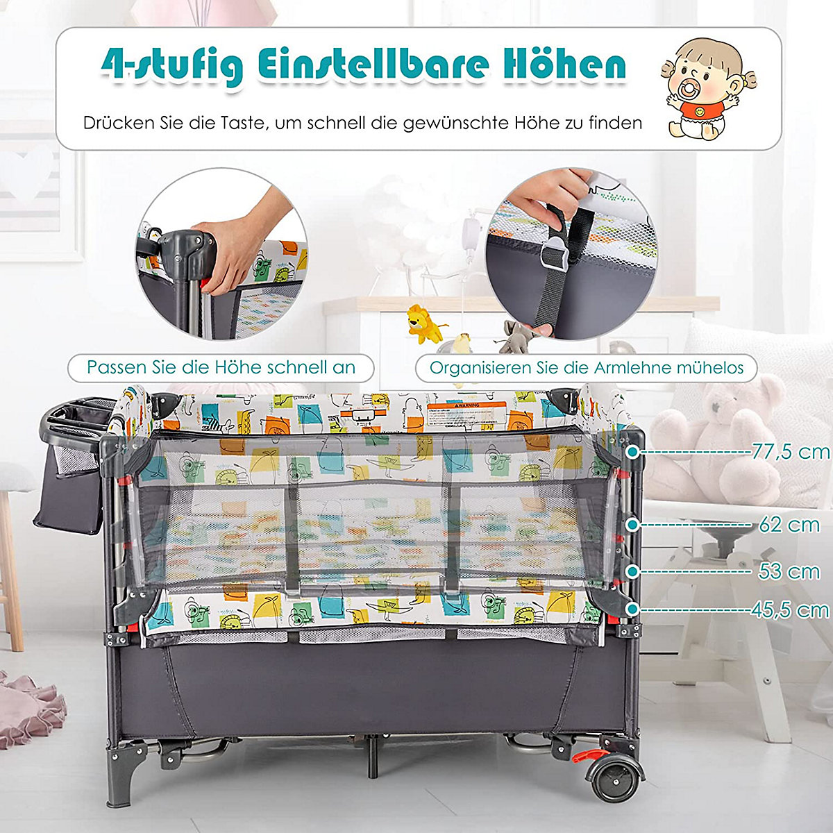 Reisebett 5 in 1 mit Wickeltisch & Spielzeug & Musikbox