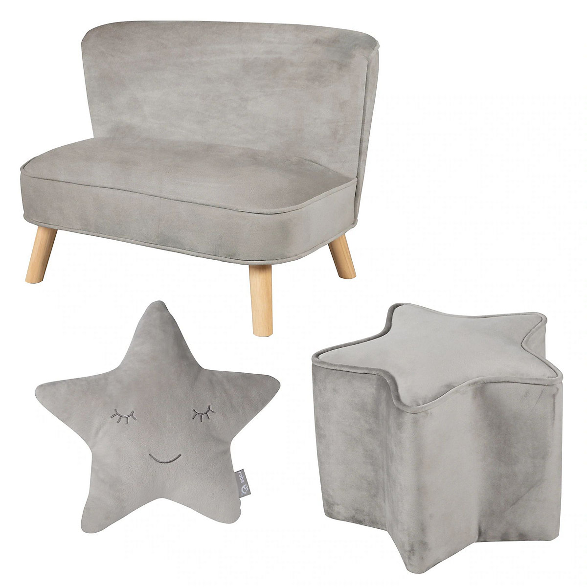 Bundle Lil Sofa - 1x Kindersofa groß, 1x Kinderhocker und 1x Dekokissen in Sternenform silbergrau