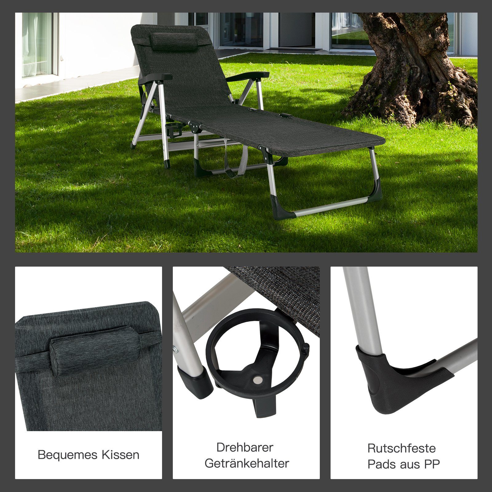 COSTWAY Gartenliege Sonnenliege, 7 einstellbaren Rücklehnpositionen, klappbar