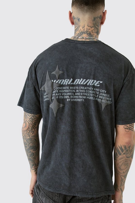 Tall Oversize T-Shirt mit Worldwide-Print und Acid-Waschung