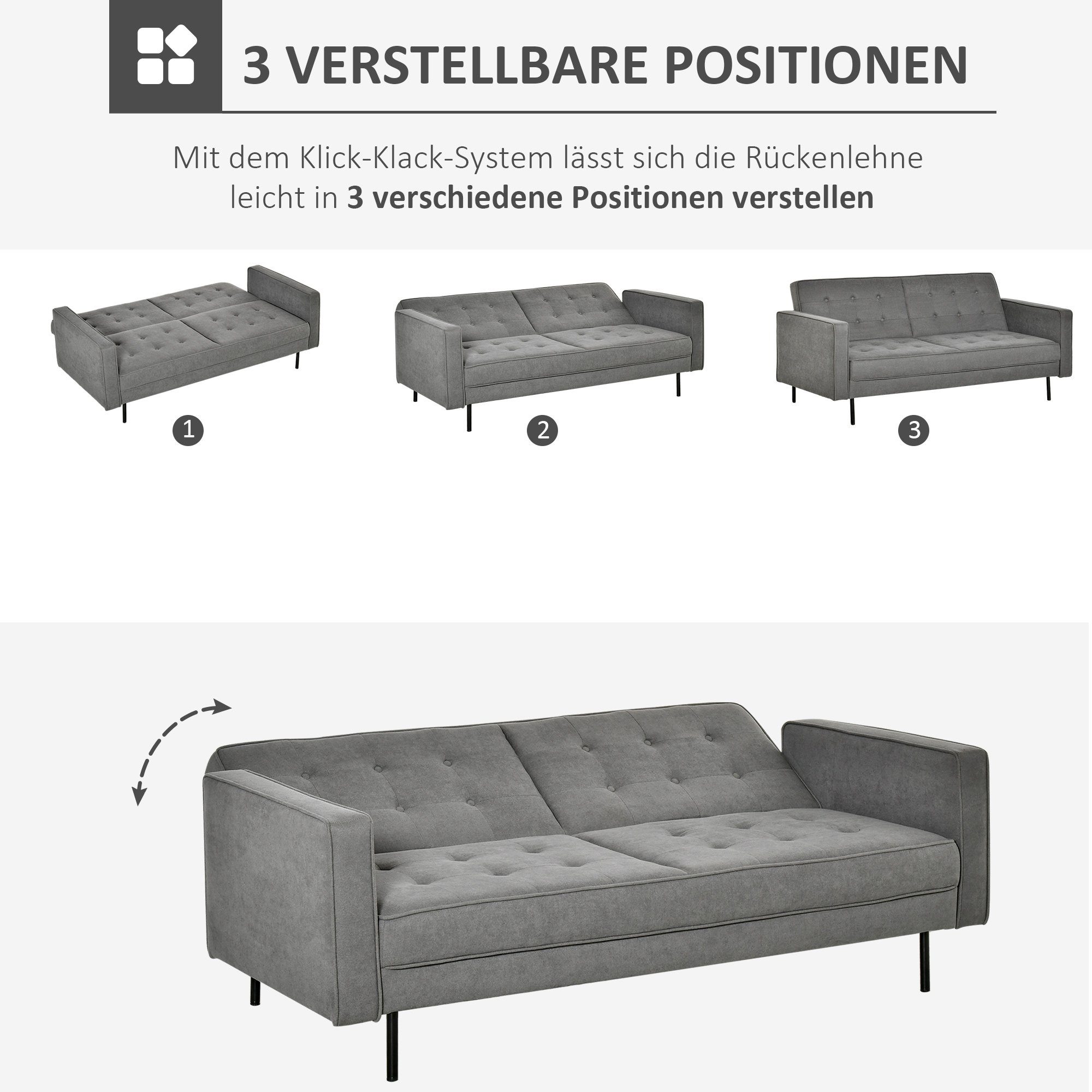 HOMCOM Schlafsofa Schlafsofa, Set 1 Teile, Schlafsofa 3-Sitzer verstellbarer Bettsofa Grau