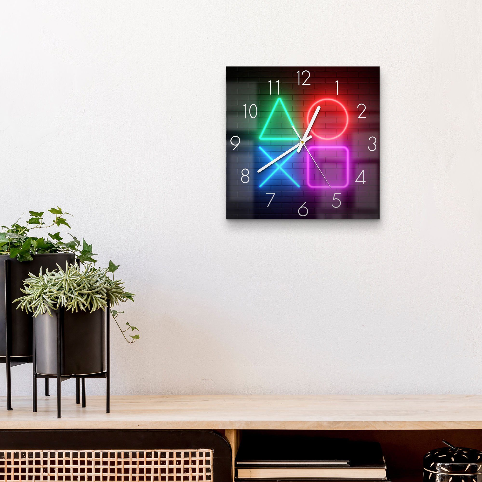 DEQORI Wanduhr 'Playstation Elemente' (Glas Glasuhr modern Wand Uhr Design Küchenuhr)