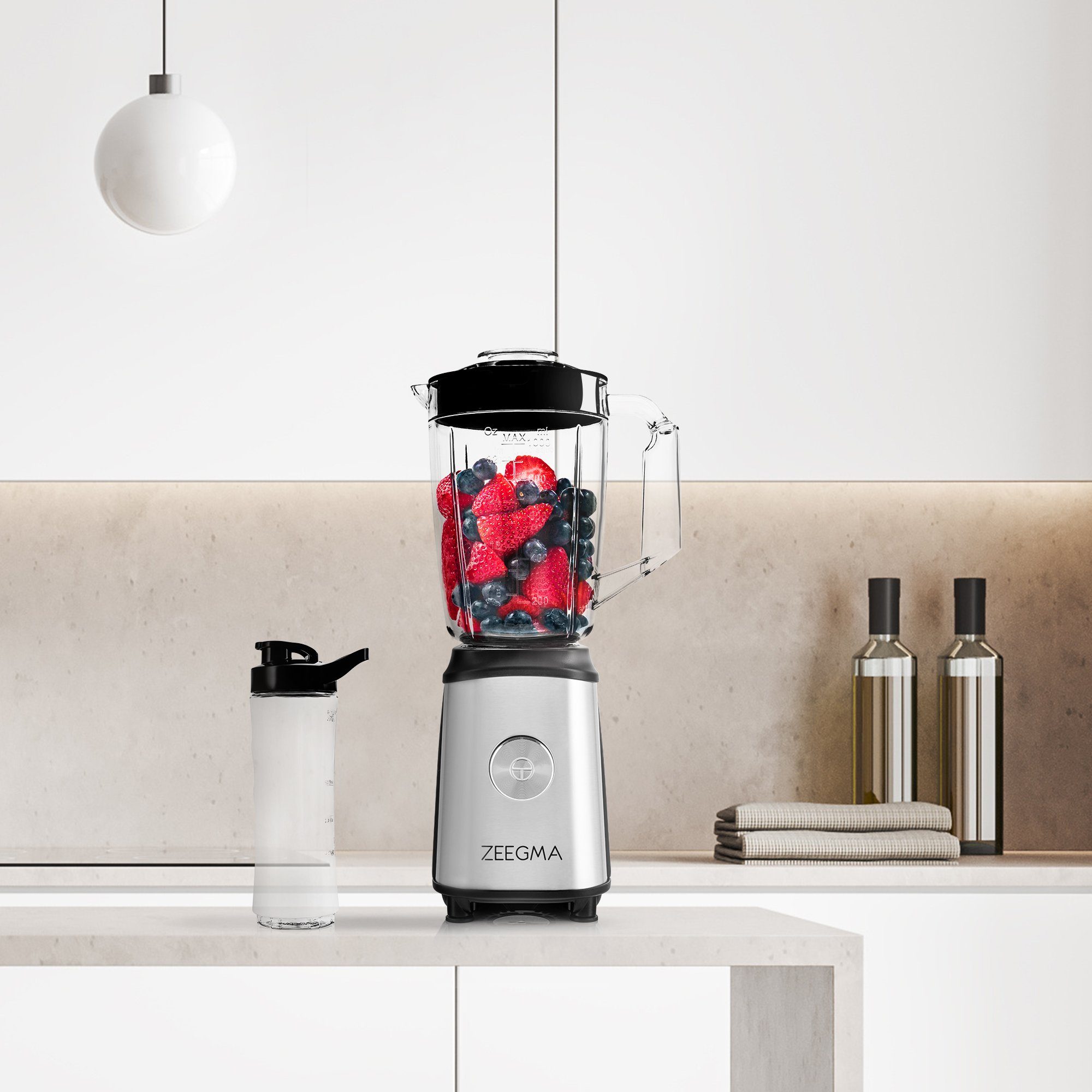 Zeegma Standmixer VITAMINE, 1050 W, 1L Krug Kaffeemühle Edelstahl 2x Sportwasserflasche *ICE-CRUSHER*